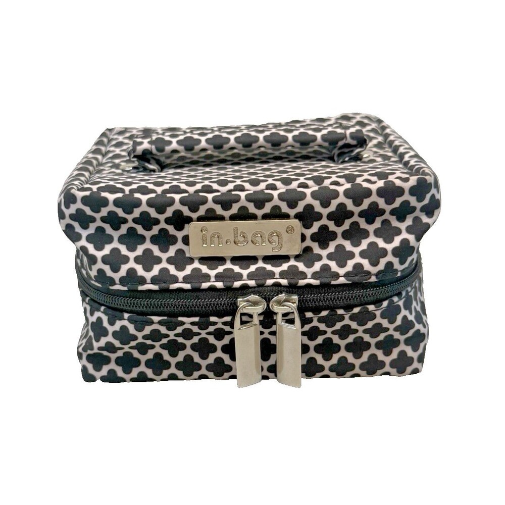 In Bag Cosmetic Makeup Travel Toiletry Case Black White Geometric 5x5x3 EUC